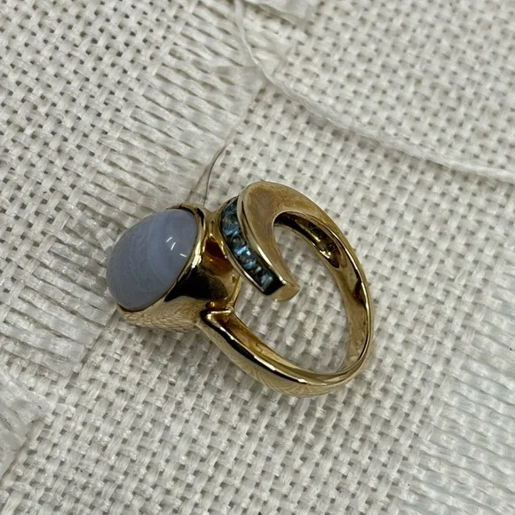 Vintage Estate Ring 925 Gold with Blue Chalcedony and Accent Stones - Picture 6 of 15